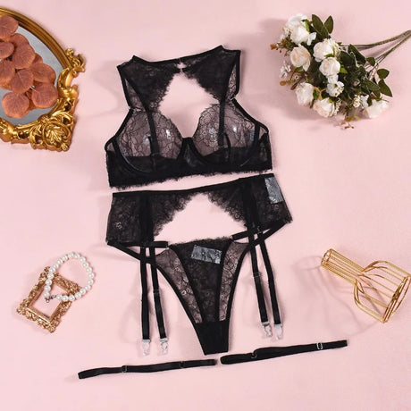 Women's Black Lace Lingerie Set Underwire Bra Thong Panty Garter Straps Choker Gloves Floral Embroidery Sexy Underwear Outfit