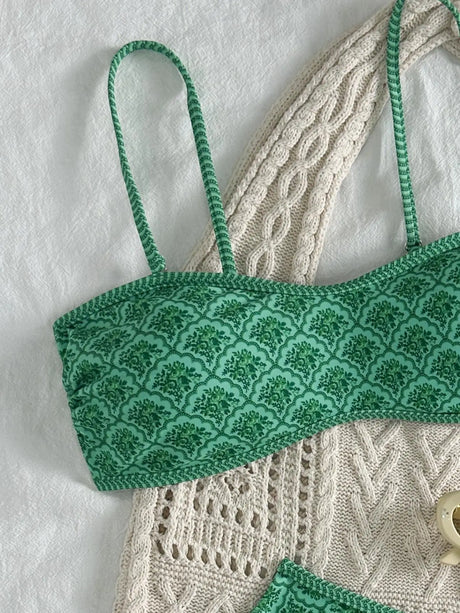 Sexy Bandeau Bikini  Women Green Floral Pleate Push Up Padded Thong Swimsuit Summer Bathing Suit Two Piece Swimwear Biquini