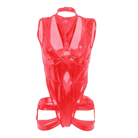 Women’S Wet Look Lingerie Leather Bodysuit Bandage Hollow Out Pu High Cut Leotard Bodysuit Clubwear Exotic Lingerie For Women