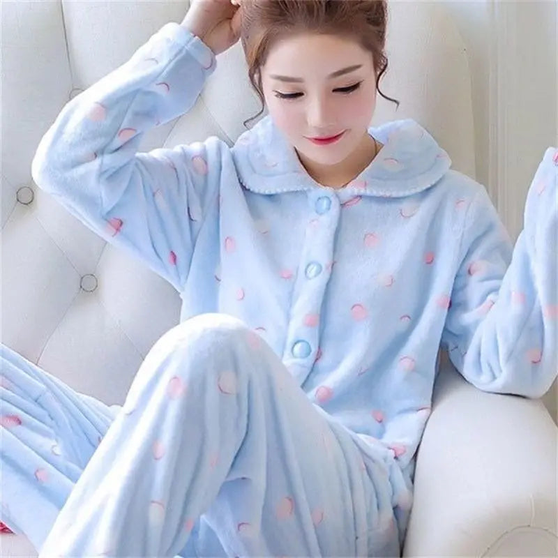 Women's Flannel Fleece Pajama Set Cute Cartoon Print Lapel Button Down Long Sleeve Warm Winter Loungewear Sleepwear Sets