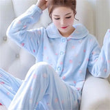 Women's Flannel Fleece Pajama Set Cute Cartoon Print Lapel Button Down Long Sleeve Warm Winter Loungewear Sleepwear Sets