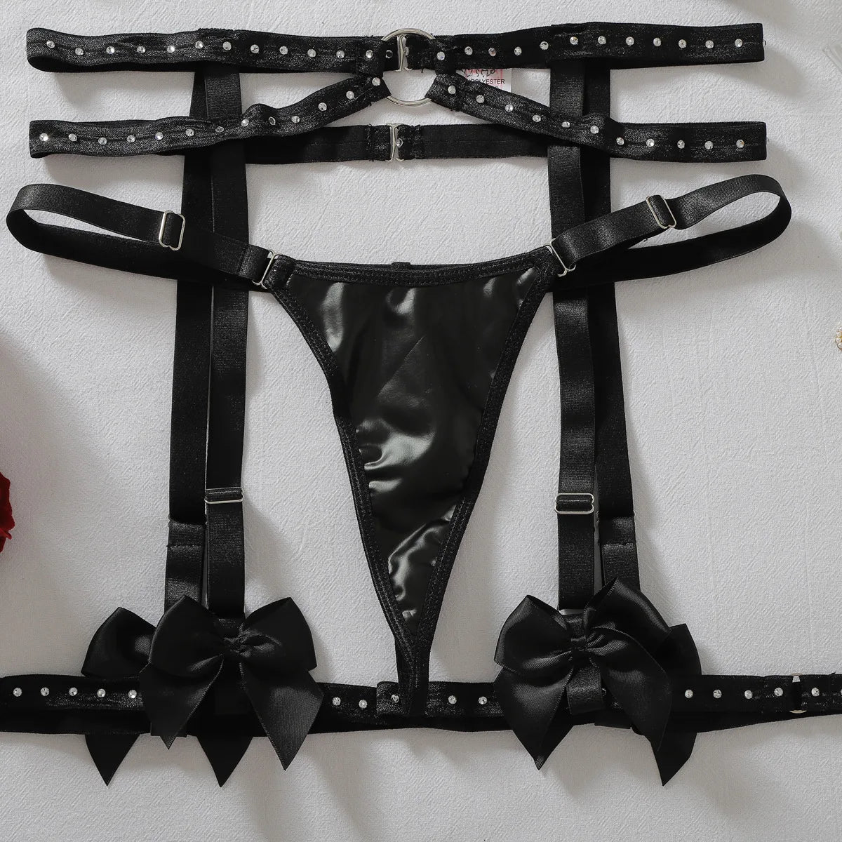 Women's Faux Leather Harness Underwear Lingerie Set Bow Decor Rhinestone Trim Halter Bra Garter Belt Panty 3‑Pcs Intimate Outfit
