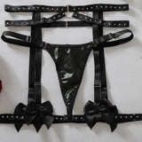 Women's Faux Leather Harness Underwear Lingerie Set Bow Decor Rhinestone Trim Halter Bra Garter Belt Panty 3‑Pcs Intimate Outfit