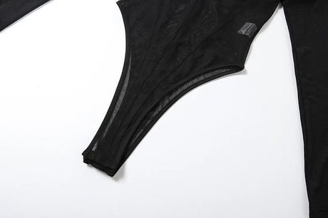 Sexy See Through Bodysuit Women Dark Gothic Streetwear Emo Alternative Grunge Y2k Long Sleeve O-neck High Waist Jumpsuit