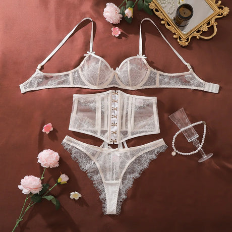 Toucheart Erotic Lingerie New French Style Lace Suspender See-through Gather Together Women Sexy Thin Pure Desire Underwear Set