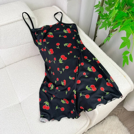 Summer Women Satin Sleepdress Cute Teddy Bear Butterfly Heart Floral Pinting Sleepwear Ladies Sexy Sling Ruffled Hem Loungewear