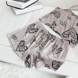 Women Casual Pajama Ladies Sexy Sleepwear Print Round Neck Ice Silk Top T-Shirt and Shorts Sets Breathable Comfortable Home Wear