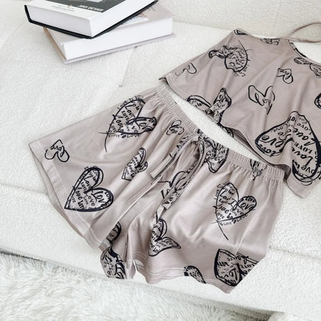 Women Casual Pajama Ladies Sexy Sleepwear Print Round Neck Ice Silk Top T-Shirt and Shorts Sets Breathable Comfortable Home Wear