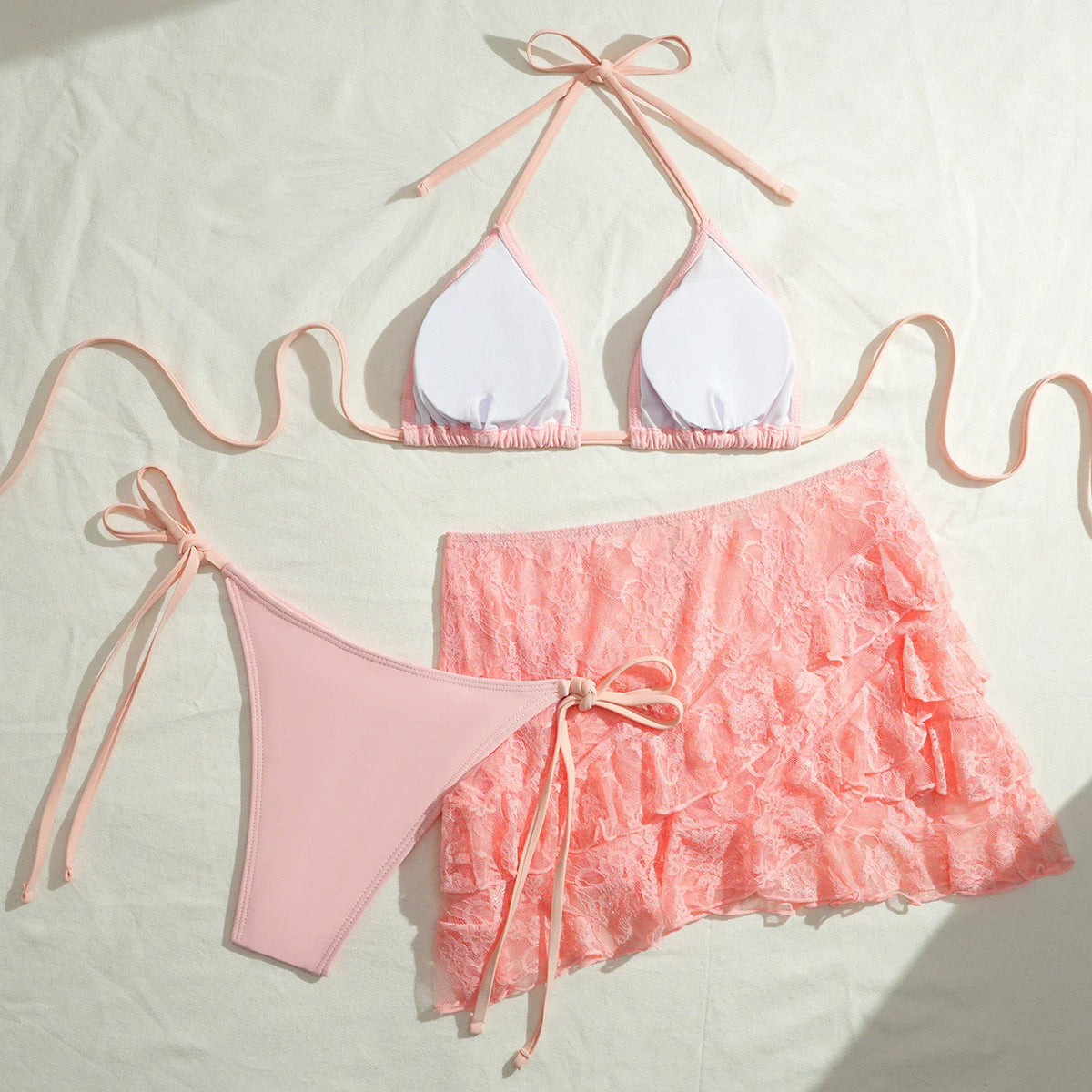 Pink Lace Mini Skirts Cover Ups Swimwear String Halter Triangle 3 Piece Bikini Set Micro Thong Sexy Swimsuit Women 2026 Bikinis