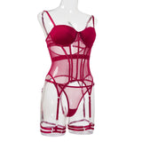 MUZISKAT Mesh  Lingerie Luxury Brand Bodysuit Backless Tops for Women 3 Piece Lingerie Set with Garter Sexydresses for Women