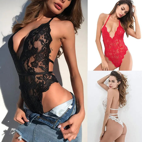 Hot Sexy Lace Solid Color Mesh Jumpsuit Sleeveless Backless Sling Deep V Neck Transparent Rompers For Women lingerie bodysuit