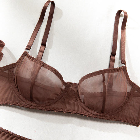 Ellolace Solid Lingeries Sexy Hot Sissy See Through Mesh Bra 3PC Set with Stockings Tempted Underwear Fancy Erotic Clubwear