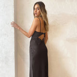 Black Satin Knot Hollow-out Straps Long Dress French Style Sexy Sleeveless Slit Women Summer Dress Lady Evening Party Gowns