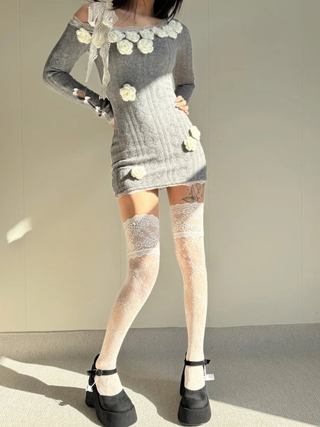 Women Fishnets Stockings Sexy Lace Fishnet Floral Knee High Socks Breathable Hollow-out JK Mesh Lolita Retro Thigh Highs Socks