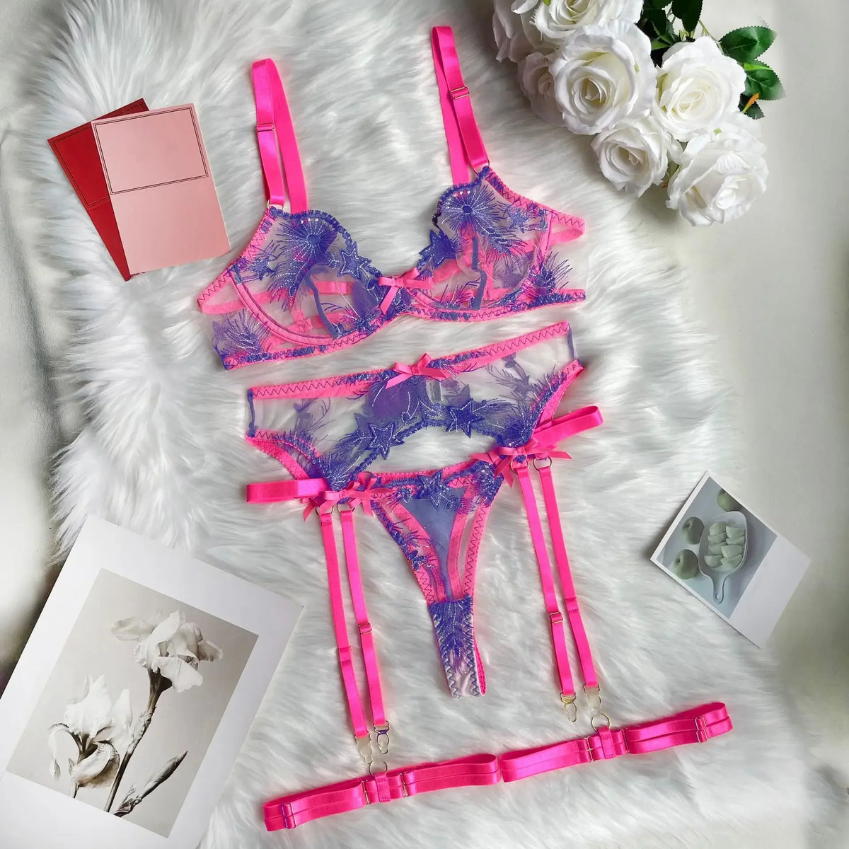 Pink Fancy Lingerie Floral Luxury Lace See Through Underwear Sensual Garter Belt Set Contrast Color Fairy Outfit