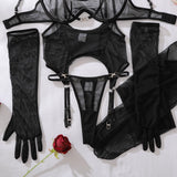 Ellolace Solid Women's Lingerie Sets Seductive See Through Bra Belt Thong 3PC with Gloves Stockings Sissy Sexy Women's Underwear