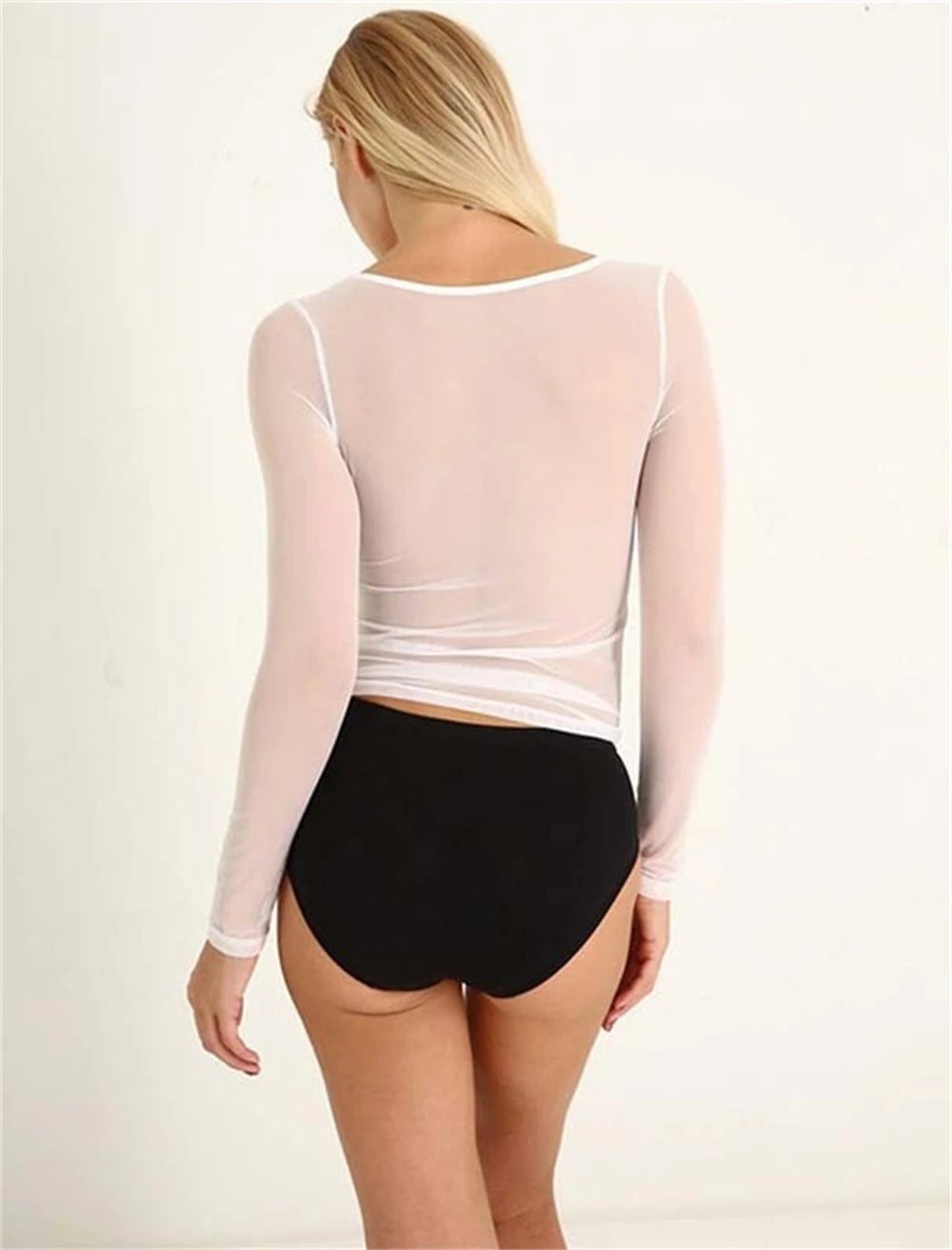Sexy Women T Shirt See Through Mesh Black Long Sleeve Bodysuit Sheer Slim Turtleneck Tulle Crop Top T-Shirt Transparent Clubwear