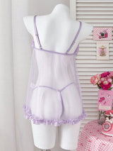 Ellolace Romantic Women's Casual Dresses Tempted Solid Sheer Cute Dress Thong 2PC Set Innocent Bownkow Decor Ruffled Sleepwear