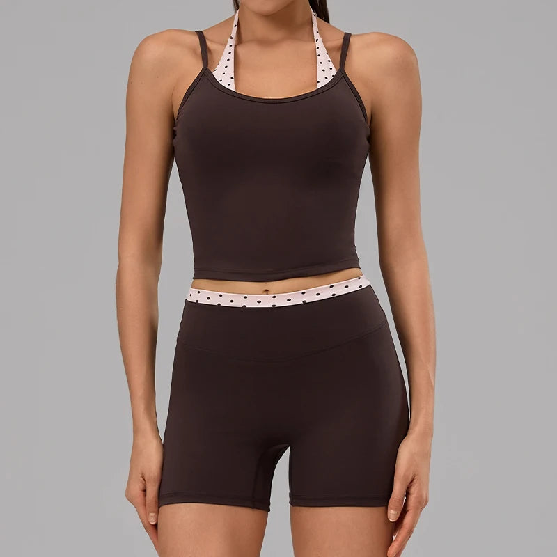 Hearuisavy 2Pcs Fitness Set Women Polka Dot Cross Back Sports Bra High Waisted Push Up Shorts Gym Quick Dry Workout Yoga Suit