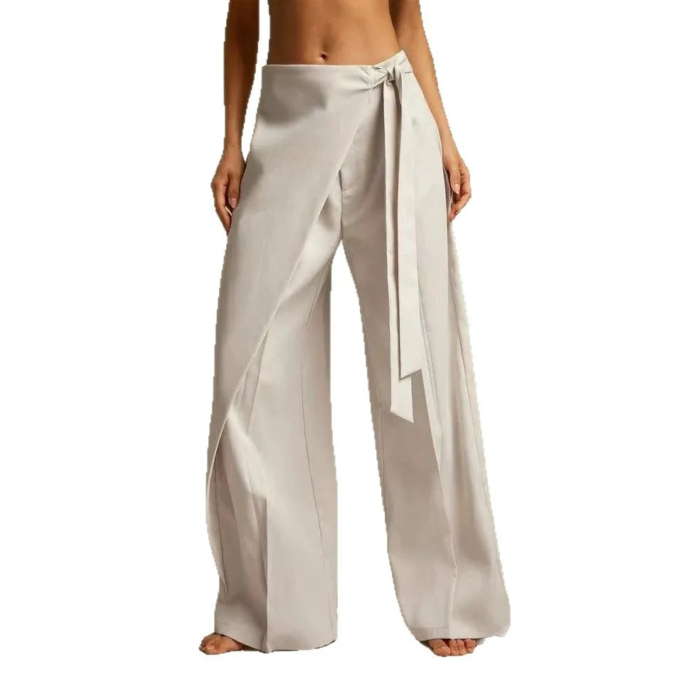 Women High Waist Wide Leg Pants Loose Wrap Tie Knot Asymmetric Pleated Trousers Beach Casual Bottoms
