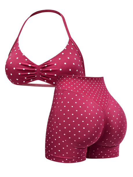 Polka Dot Yoga Set Halter Sports Bra High Waist Booty Shorts Push Up Gym Outfit for Running Fitness