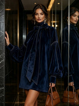 American Retro High Collar Lantern Sleeve Long Sleeve Bow Tie Elegant Velvet Women Mini Dresses Casual Autumn High Street Dress