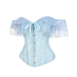 Women Sky Blue Retro Jacquard Corset Tops Lace Short Sleeved One Shoulder Sexy Slimming Shaper Overbust Bustiers Lingerie