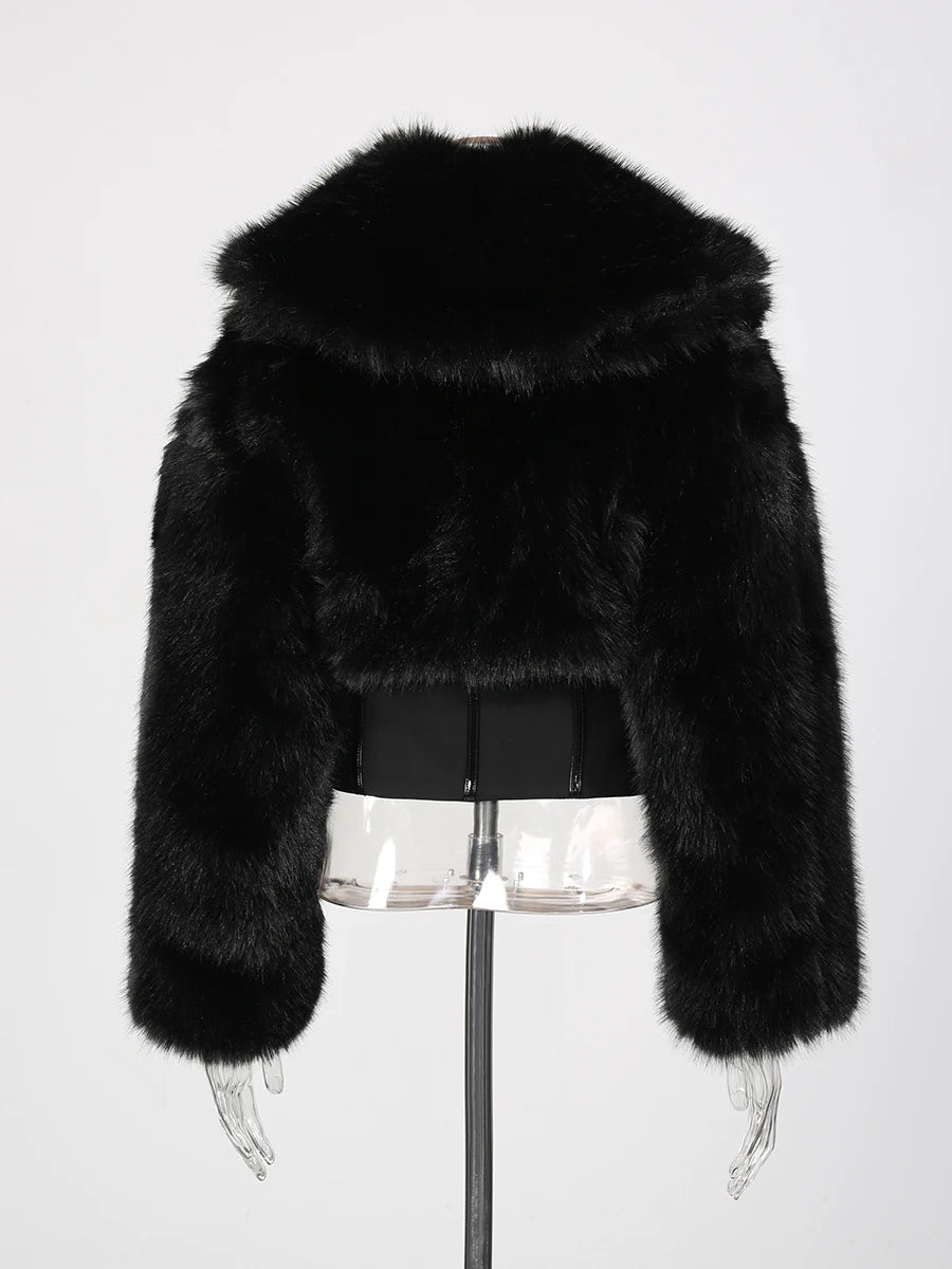 TWOTWINSTYLE Black Slimming Spliced Zipper Jackets for Women Lapel Long Sleeves Tunic Patchwork Fur Fashion Jacket Female New