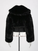 TWOTWINSTYLE Black Slimming Spliced Zipper Jackets for Women Lapel Long Sleeves Tunic Patchwork Fur Fashion Jacket Female New