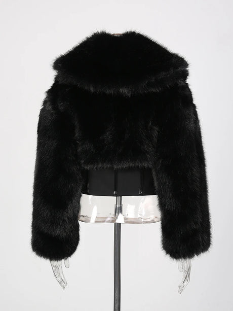 TWOTWINSTYLE Black Slimming Spliced Zipper Jackets for Women Lapel Long Sleeves Tunic Patchwork Fur Fashion Jacket Female New