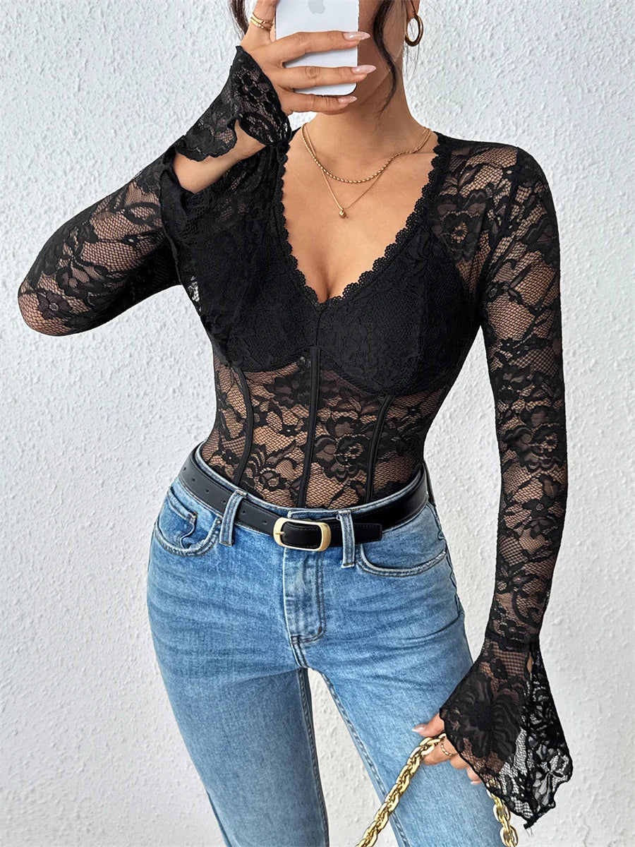 Benuynffy Black V-neck Long Sleeve Bodysuit Women's Sexy See Through Lace Bodys for Women Slim Fit One Pieces Tight Body Top