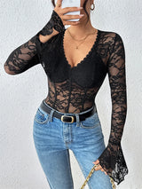 Benuynffy Black V-neck Long Sleeve Bodysuit Women's Sexy See Through Lace Bodys for Women Slim Fit One Pieces Tight Body Top
