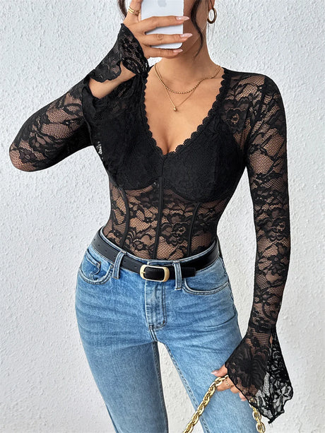 Benuynffy Black V-neck Long Sleeve Bodysuit Women's Sexy See Through Lace Bodys for Women Slim Fit One Pieces Tight Body Top
