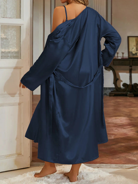 Minimalist Solid Color Pajama Set Long Robe with Low Back Slit Hem Camisole Nightgown All Season Loungewear