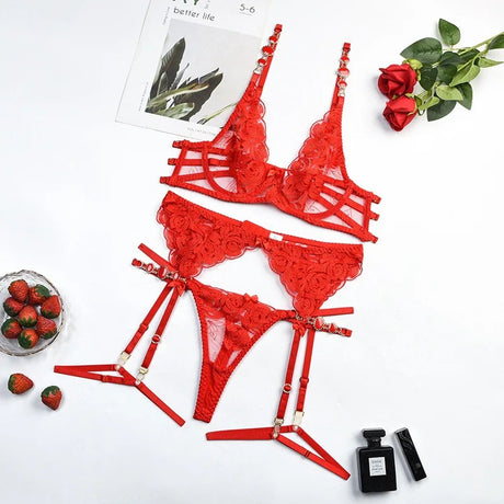 Luxury Floral Embroidery Lace Women's Lingerie Sets Seductive Jewel Strap Sheer Push Up Bra Panty Garter Belt 3PC Sexy Underwear