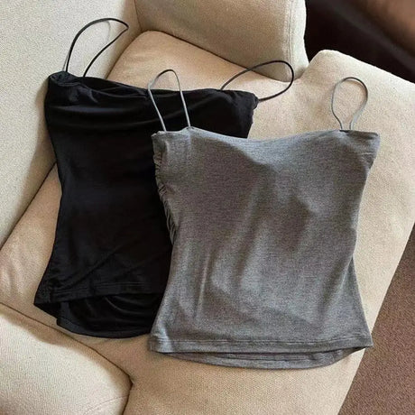 Y2K Sexy Tank Tops Women Spaghetti Strap Crop Top With Bra Bodycon Sleeveless Cami Tube Top Basic Camisole Tees Korean Clothes