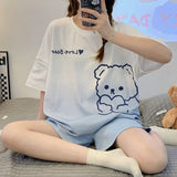 Women's Loose Fit Cartoon Bear Pajamas Set Summer Short Sleeve Gradient Casual Homewear Sleepwear
