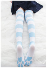 Lolita Over Knee Socks Pink Strip Kawaii Cat Paw Print Stockings Lolita Gothic Velvet Over The Knee Thigh High JK Long Stockings