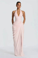 Mozision Wine Red Halter Deep V Maxi Dress Women Elegant Draped Ruched High Split Bodycon Cocktail Wedding Club Party Dresses