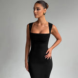Hugcitar Women Elegant Solid Square Collar Straps Sexy Bodycon Maxi Prom Dress Summer Women Y2K Clothes Evening Party Birthday