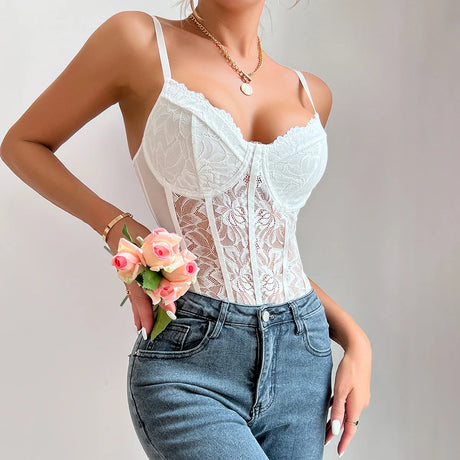 Women's Black Lace Corset Jumpsuit Summer Streetwear See Through Slim Fit Bodysuit Underwear Bustier Bodyshaper Sexy Mesh Onesie
