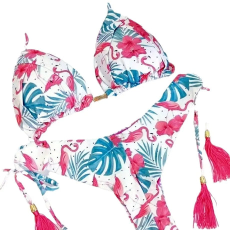 Women's Printed Tassel Bikini Set Low Waist Tie Side Two Piece Swimsuit Fashion Beachwear Bathing Suit Bikini Set Women's Swimsu