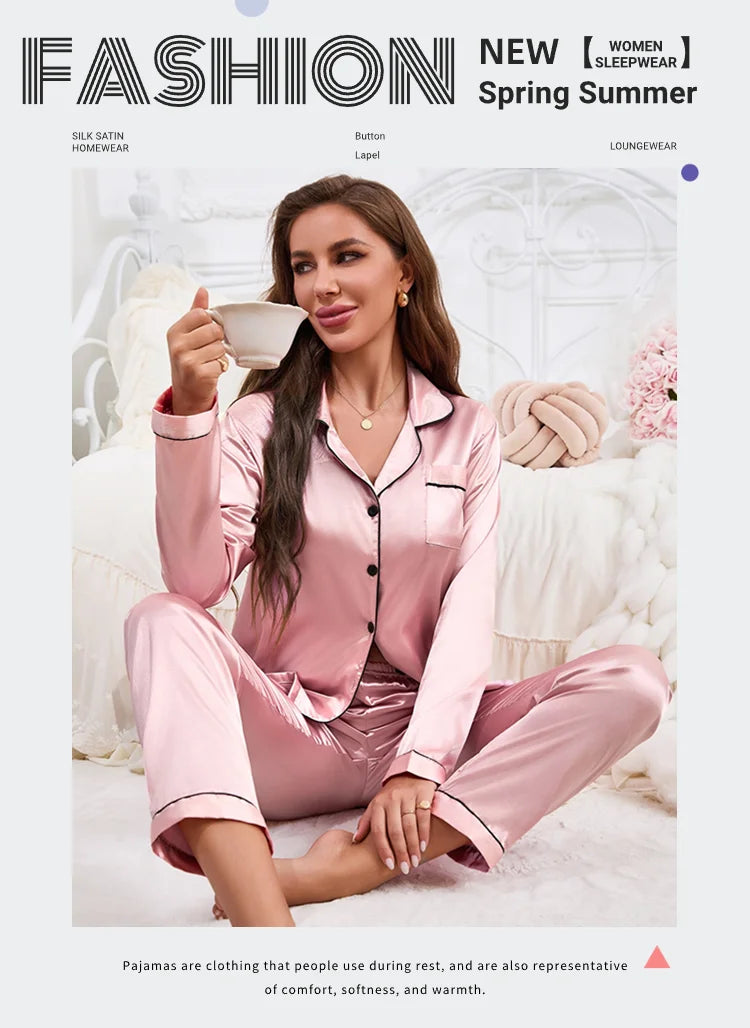 Women's Pajama Set Sleepwear Suit Loungewear Pj Set Satin Long Sleeve Tops With Pants 2 Pieces Pjs Pajamas for Women Pyjama