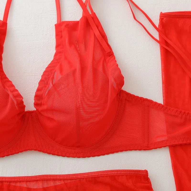 Seductive Red Women's Lingerie Sets Wild Sexy Sheer Mesh Double Strap Halter Bra Panty Mini Skirt Gloves Stocking 5PC Erotic Set