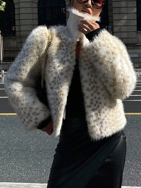 LIMO Women Lapel Leopard Print Faux Fur Jacket Cropped Fluffy Plush Open Front Outerwear