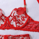 Heavy industry embroidery sequin red slim fit perspective high-end splicing gemstone decoration sexy lingerie four piece set
