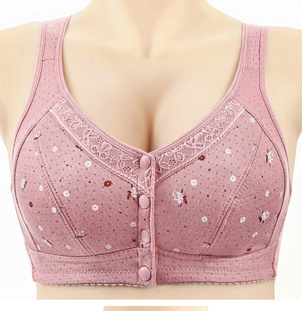 FallSweet Front Closure Cotton Bra for Women Plus Size Seamless Wireless Sports Bras Thin Underwear for Middle-Aged & Elderly