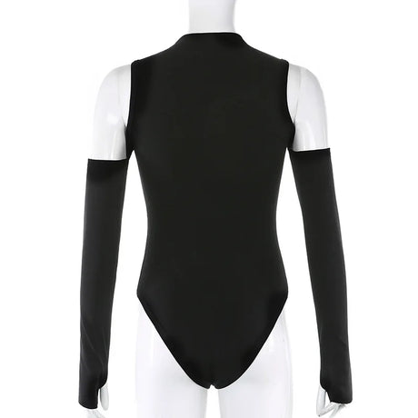 High Fashion Women’s Long-sleeved Bodysuit Solid Color Hollow Off-shoulder Half High Collar Jumpsuit