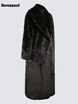 Nerazzurri Autumn Winter Extra Long Thick Warm Brown Fluffy Faux Mink Fur Coat Women Luxury Elegant Chic Furry Overcoat 2024