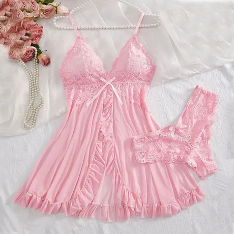 Sexy Lace Lingerie Set for Women, Red Sleepwear Nightdress with Matching Panties, V-Neck Sheer Lace Camisole, Romantic Night